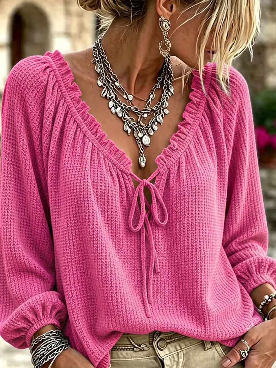 Women's Waffle Knit Tie Front Top, V Neck Puff Sleeve Casual Blouse