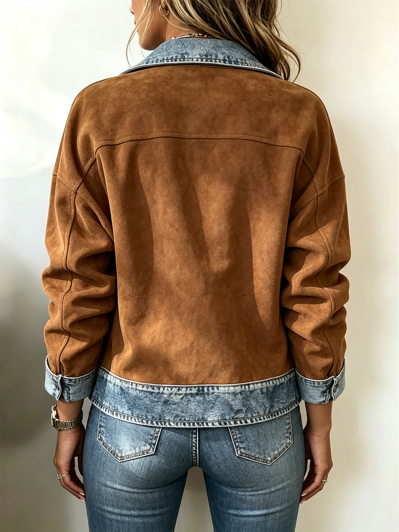 Women's Faux Suede & Denim Patchwork Jacket Button Front Lapel Casual Long Sleeve Coat