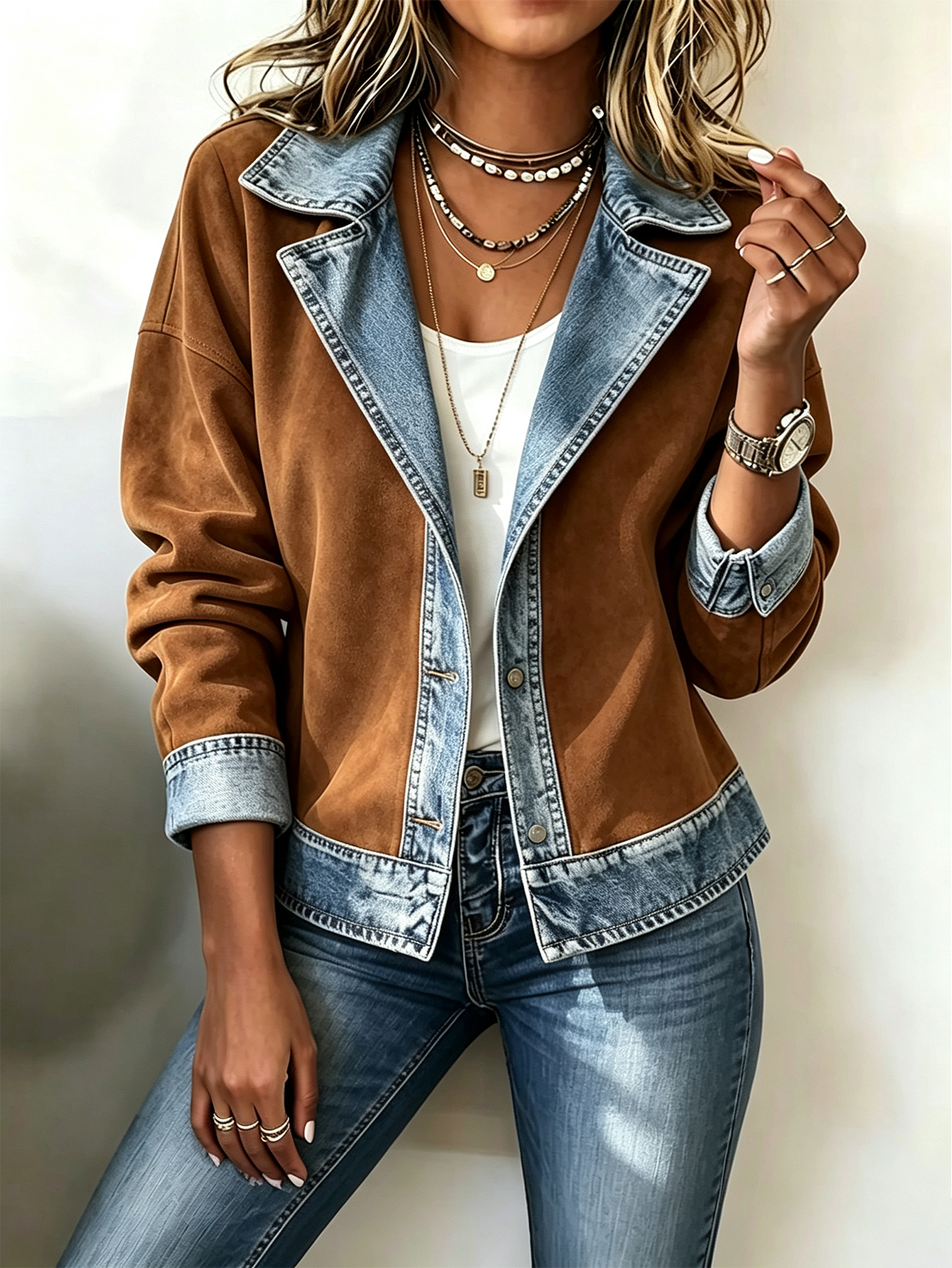 Women's Faux Suede & Denim Patchwork Jacket Button Front Lapel Casual Long Sleeve Coat