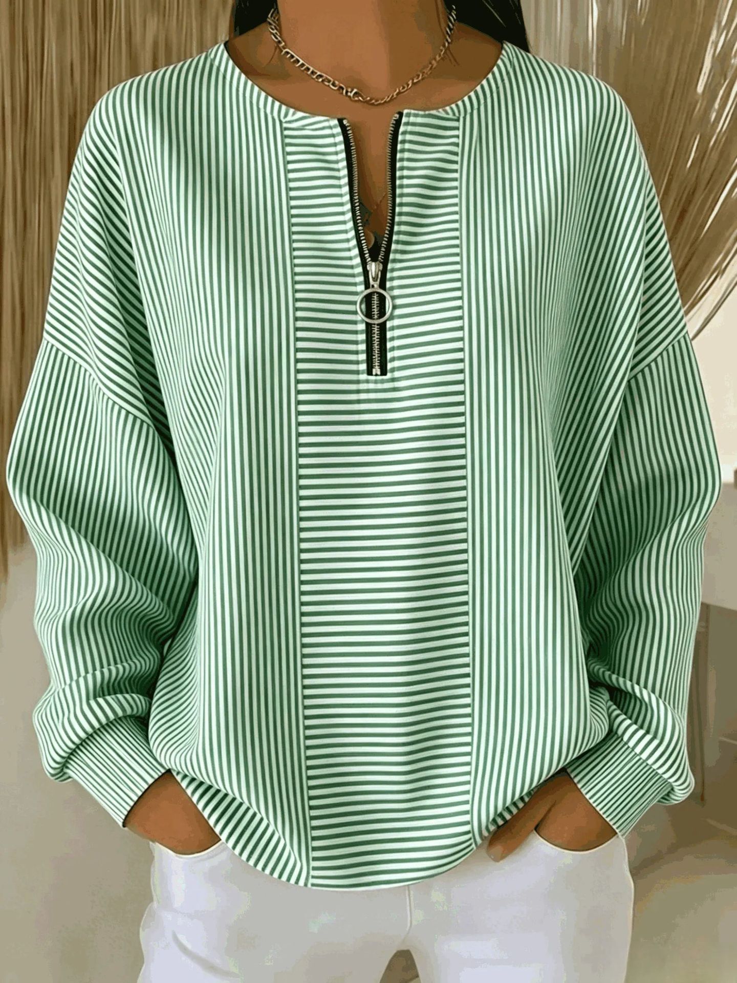 Striped Quarter Zip Crew Neck Long Sleeve Top
