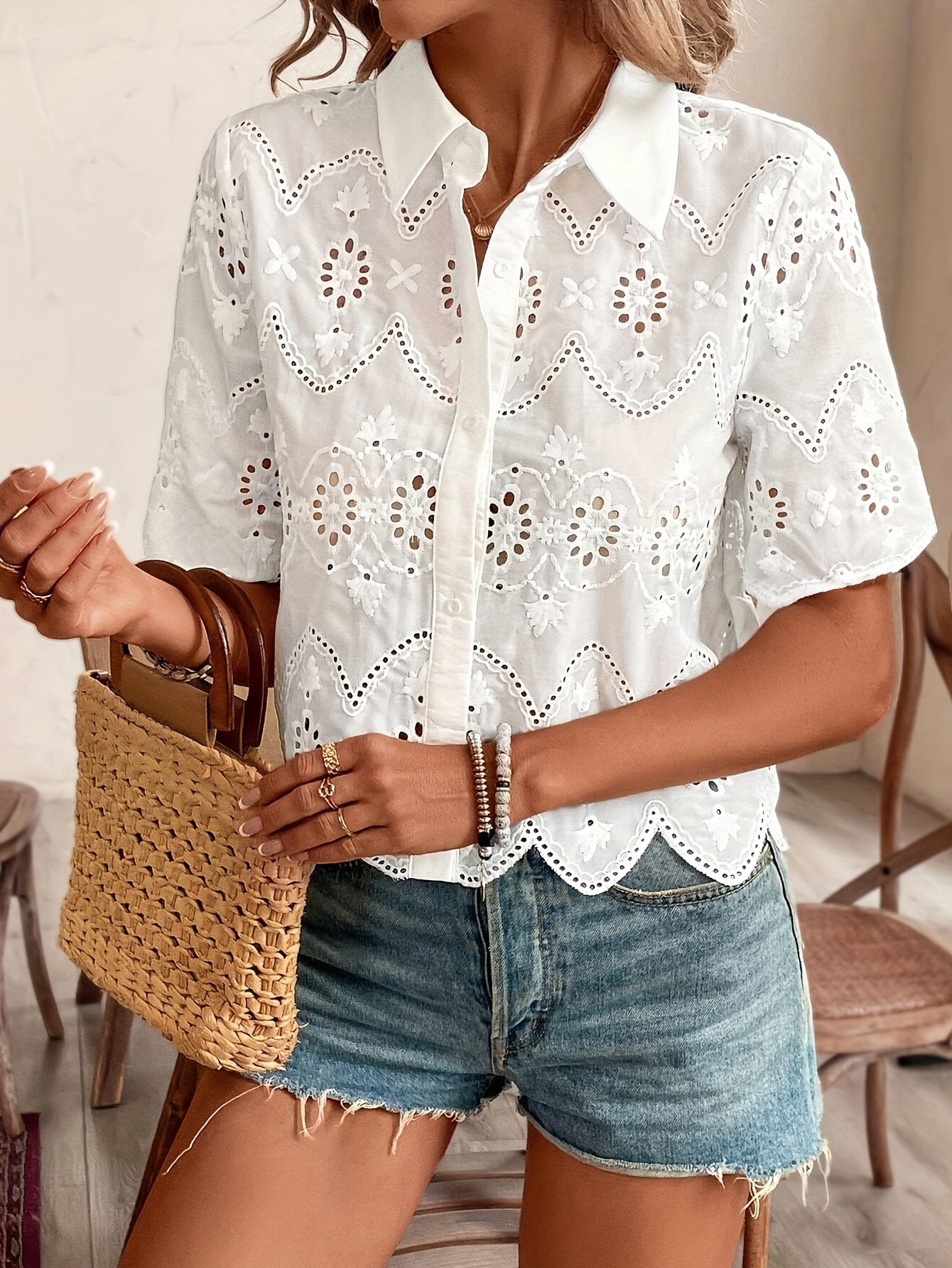 Women’s Eyelet Embroidered Short Sleeve Shirt, Button Down Hollow Out Scallop Trim Casual Blouse