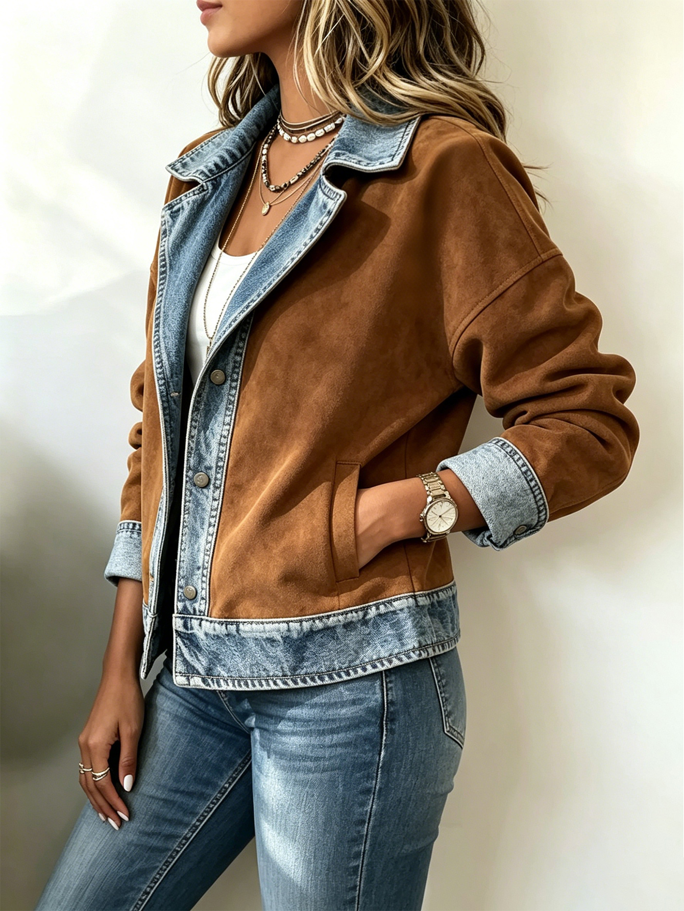 Women's Faux Suede & Denim Patchwork Jacket Button Front Lapel Casual Long Sleeve Coat