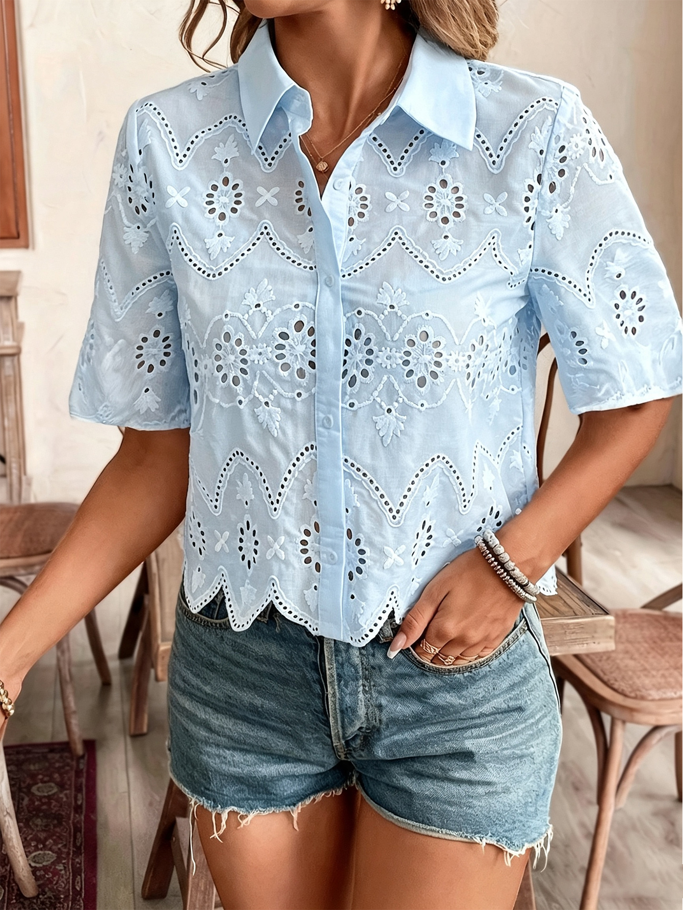 Women’s Eyelet Embroidered Short Sleeve Shirt, Button Down Hollow Out Scallop Trim Casual Blouse