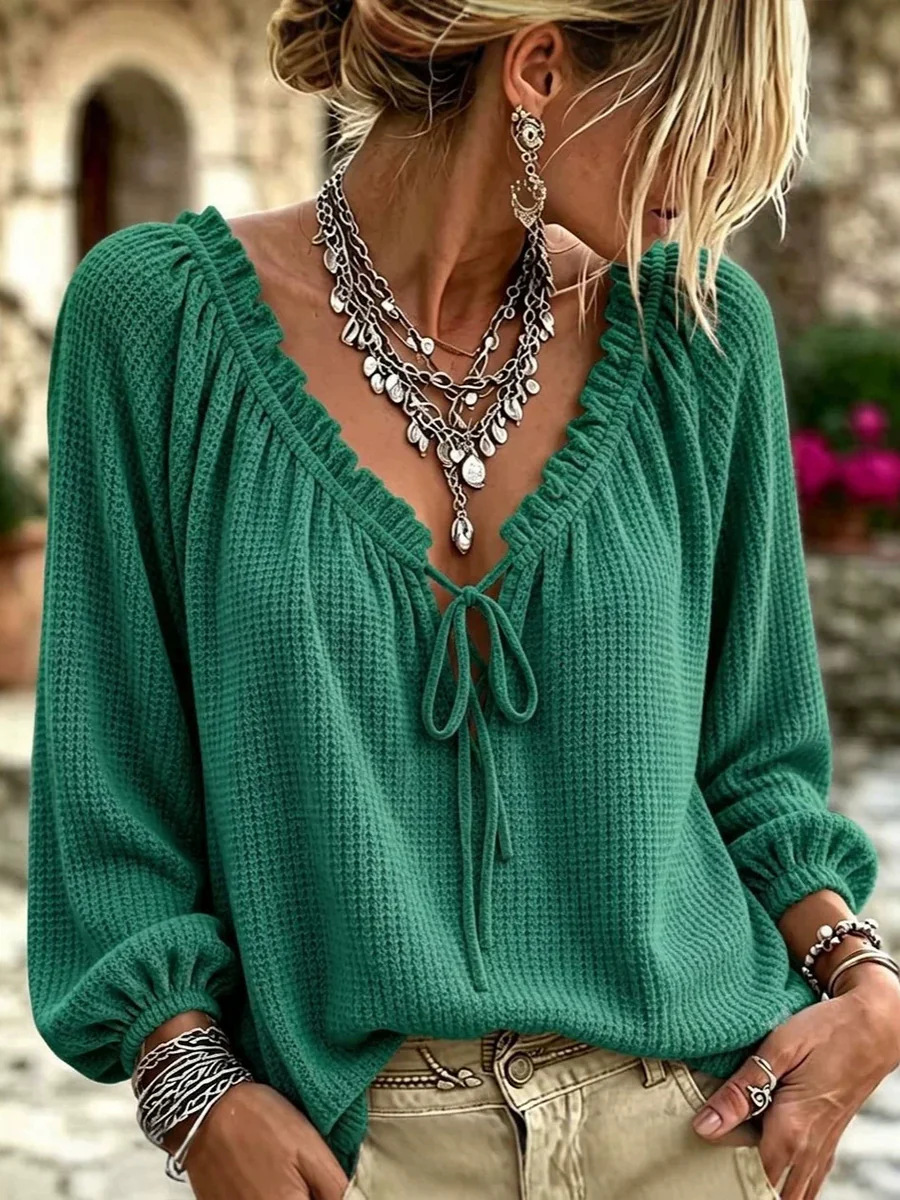 Women's Waffle Knit Tie Front Top, V Neck Puff Sleeve Casual Blouse