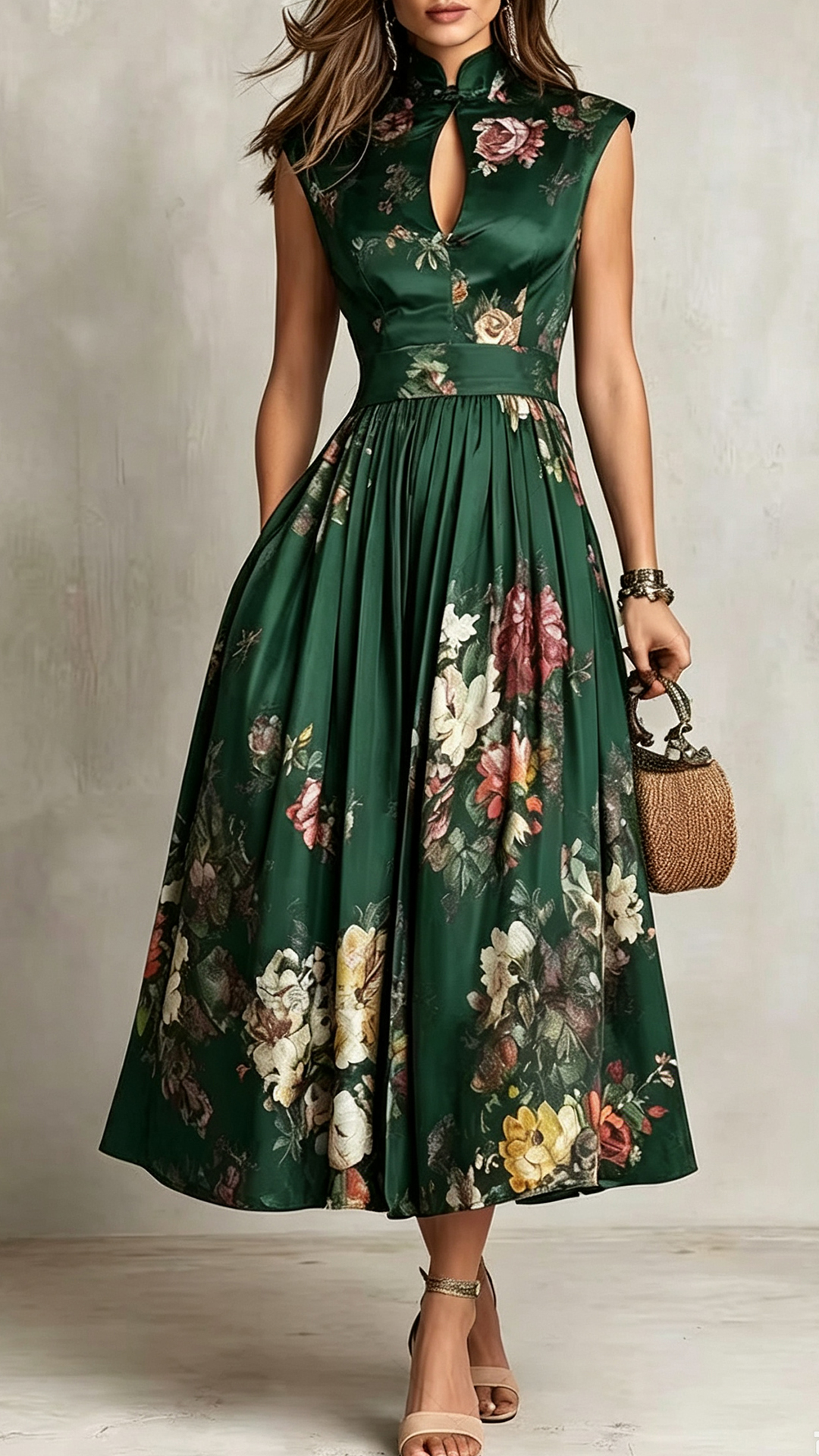 Vintage Floral Print Mock Neck Keyhole Waist-Tie Midi Dress