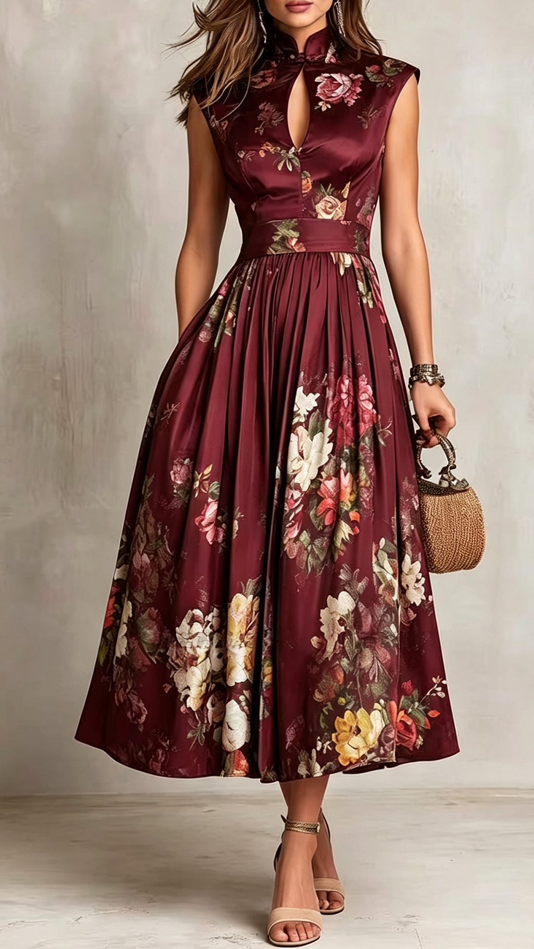 Vintage Floral Print Mock Neck Keyhole Waist-Tie Midi Dress