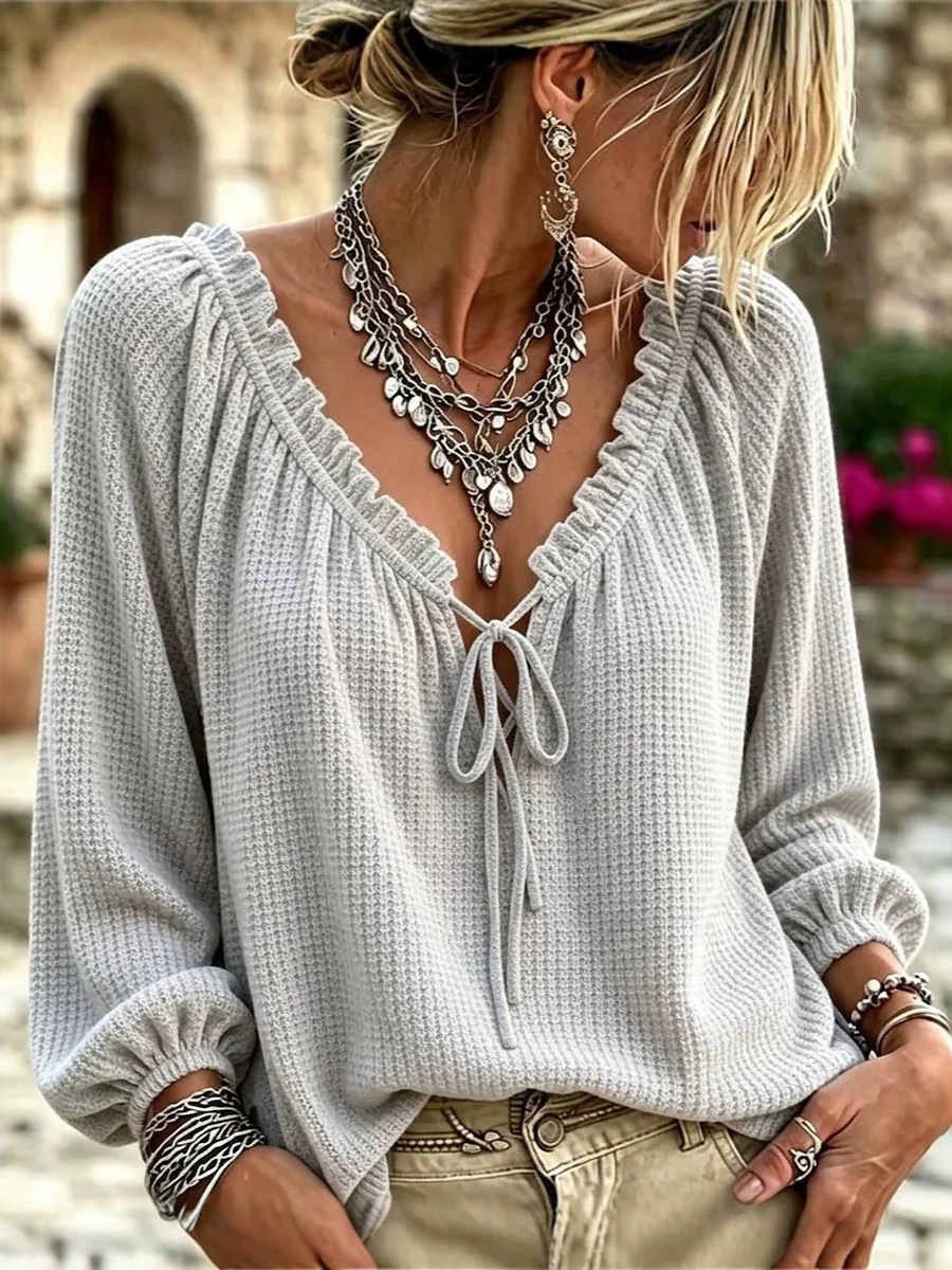 Women's Waffle Knit Tie Front Top, V Neck Puff Sleeve Casual Blouse