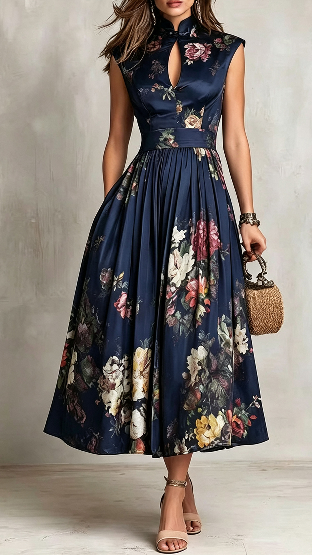Vintage Floral Print Mock Neck Keyhole Waist-Tie Midi Dress