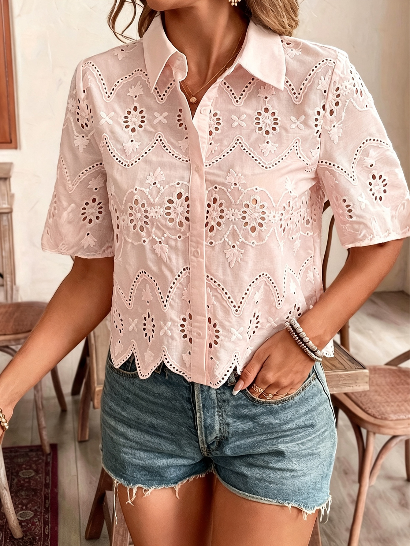 Women’s Eyelet Embroidered Short Sleeve Shirt, Button Down Hollow Out Scallop Trim Casual Blouse