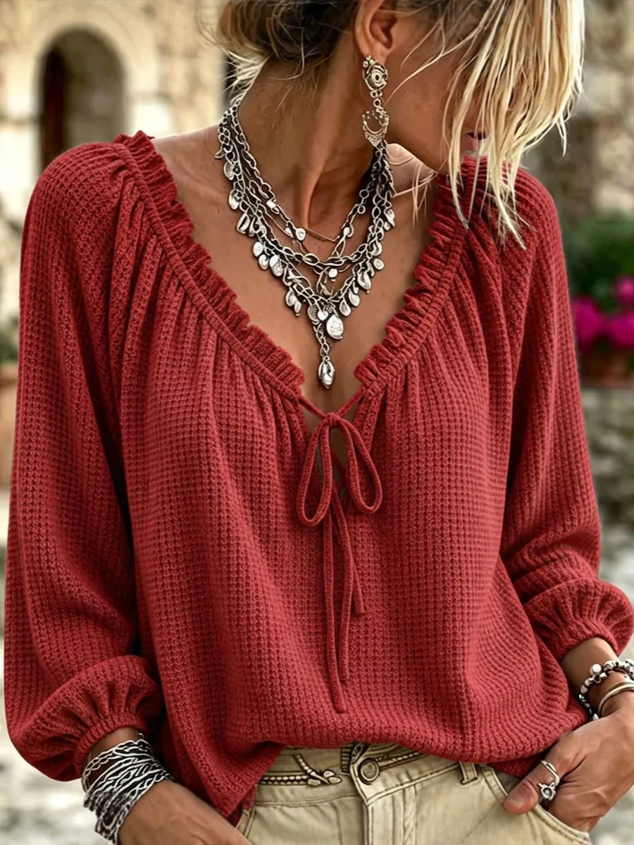 Women's Waffle Knit Tie Front Top, V Neck Puff Sleeve Casual Blouse