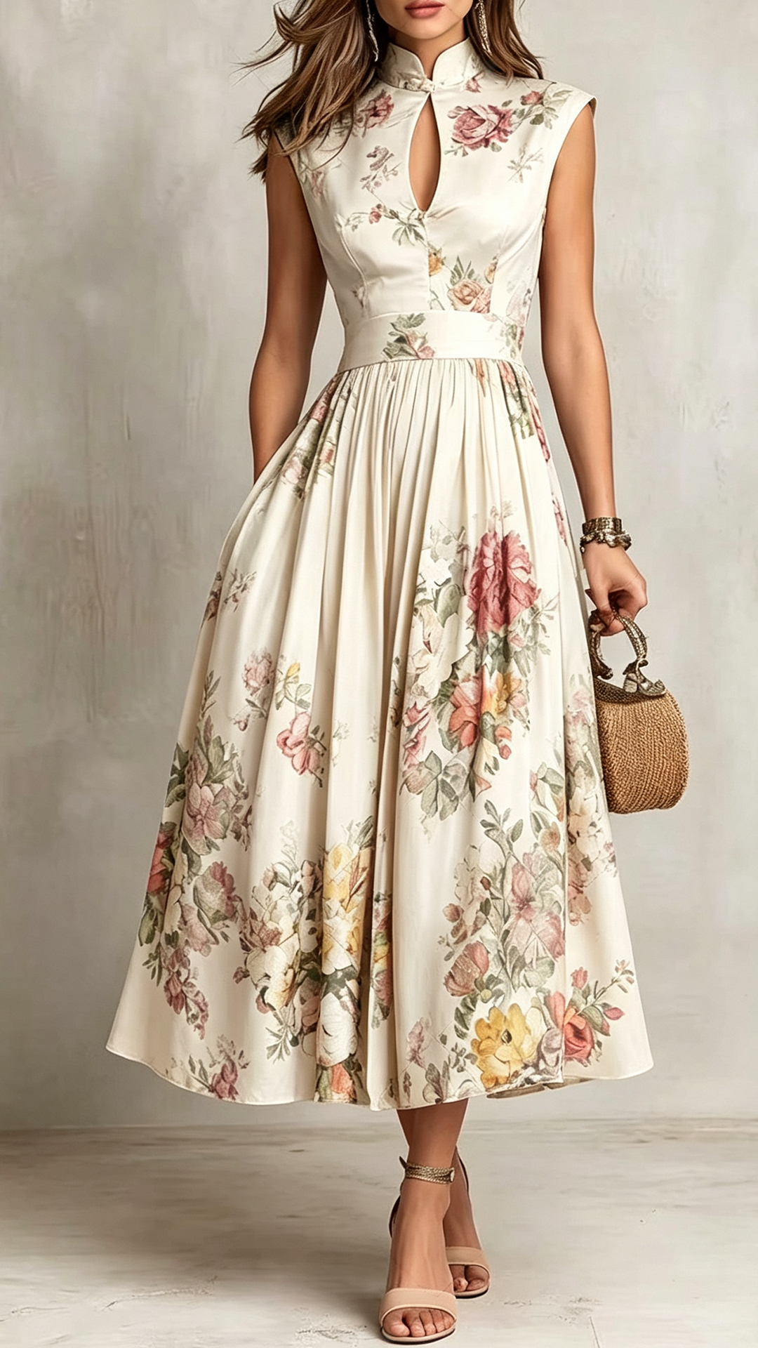 Vintage Floral Print Mock Neck Keyhole Waist-Tie Midi Dress