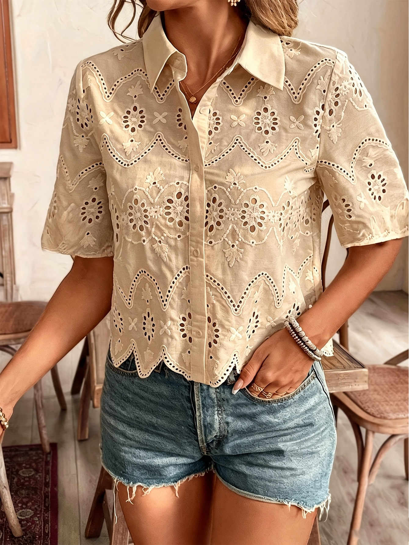 Women’s Eyelet Embroidered Short Sleeve Shirt, Button Down Hollow Out Scallop Trim Casual Blouse