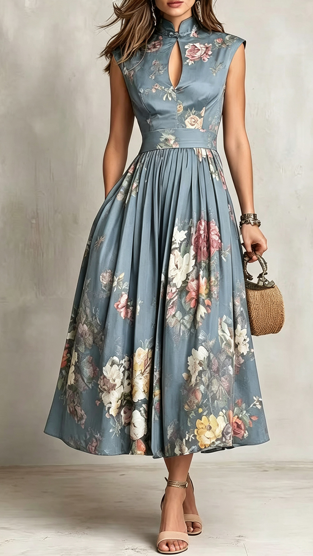 Vintage Floral Print Mock Neck Keyhole Waist-Tie Midi Dress