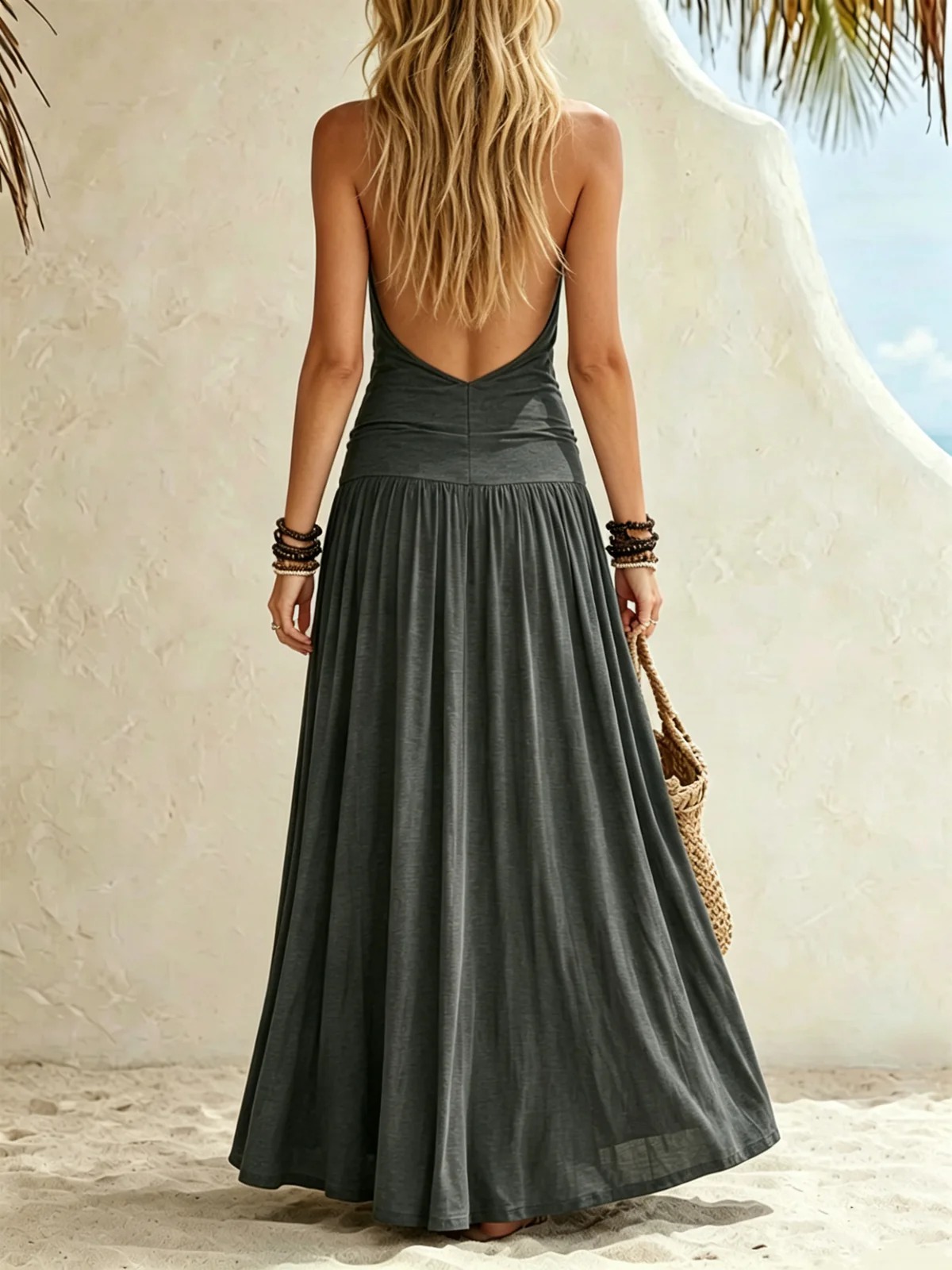 Cross Halter Neck Sleeveless Gathered Swing Dress