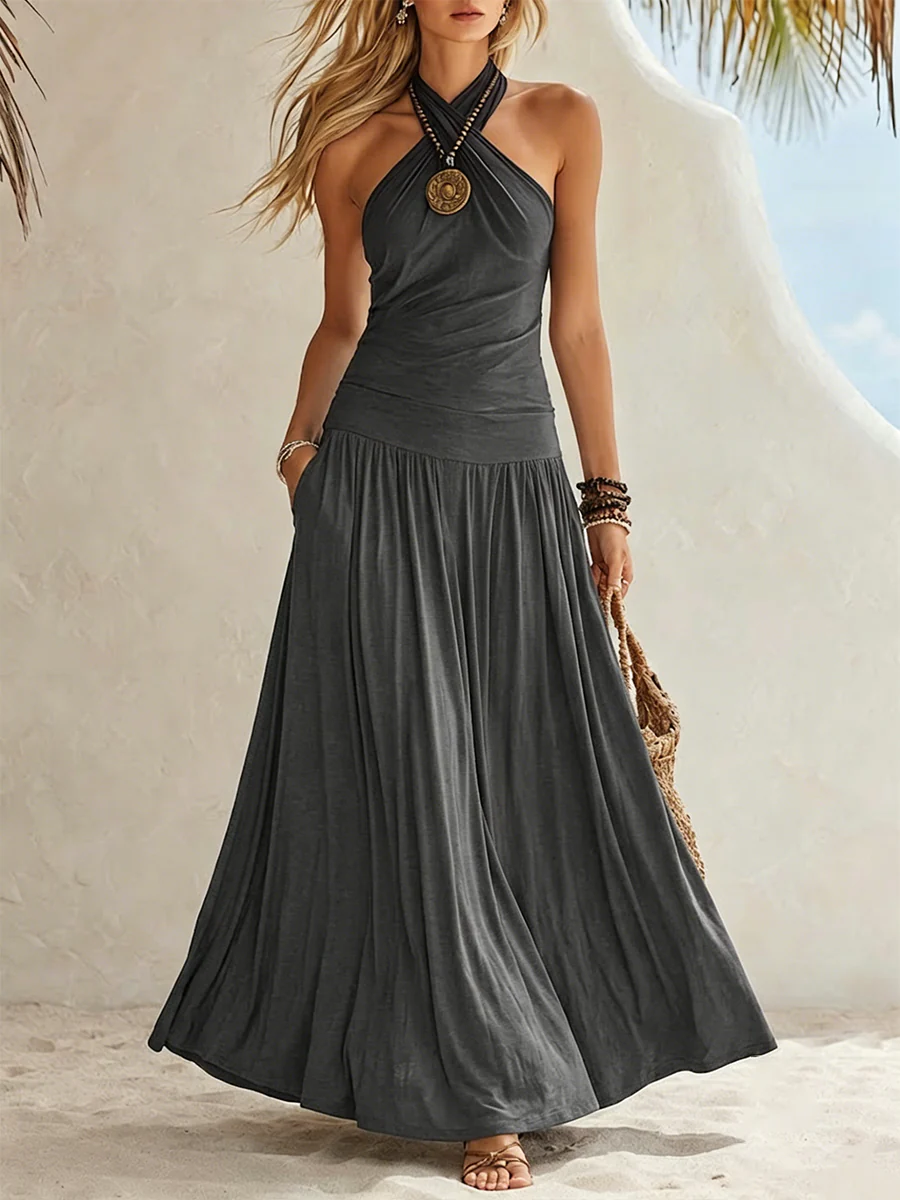 Cross Halter Neck Sleeveless Gathered Swing Dress