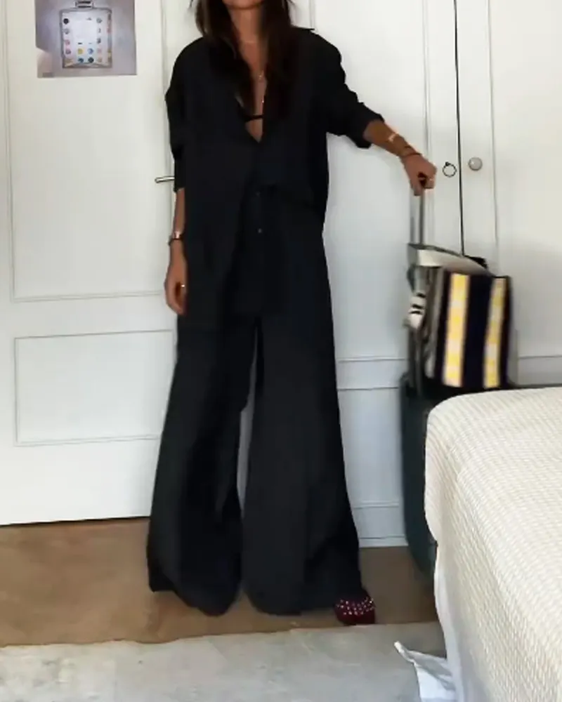 Fashion Solid Color Comfortable Shirt & Pants Two-piece Set