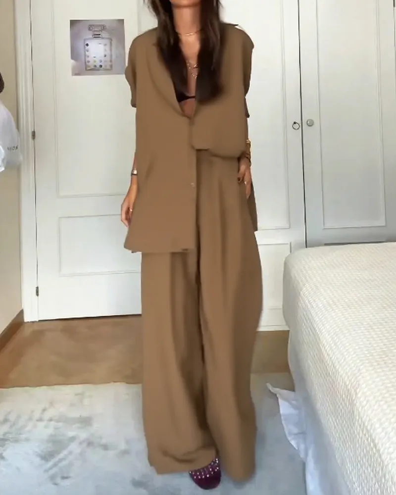 Fashion Solid Color Comfortable Shirt & Pants Two-piece Set
