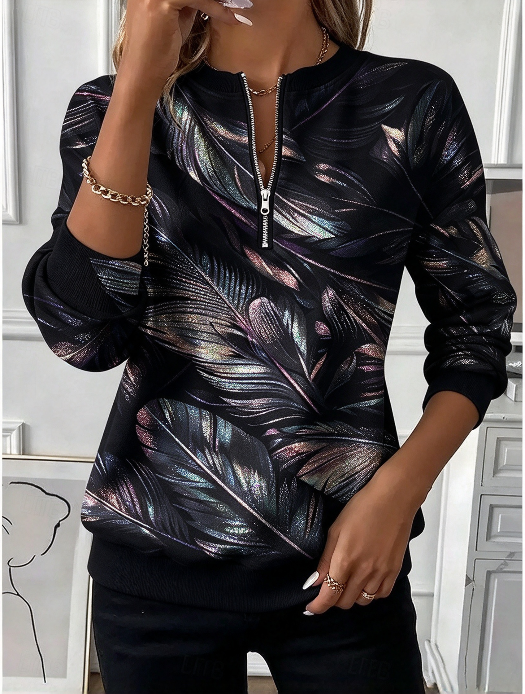✨ Women’s Casual Feather Print Top Half-Zip Long Sleeve Soft Blouse