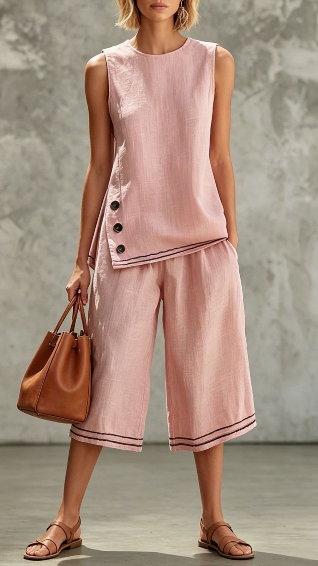 Women's Sleeveless Side-Slit Vest & Wide-Leg Cropped Pants — Cotton-Linen Two-Piece Set