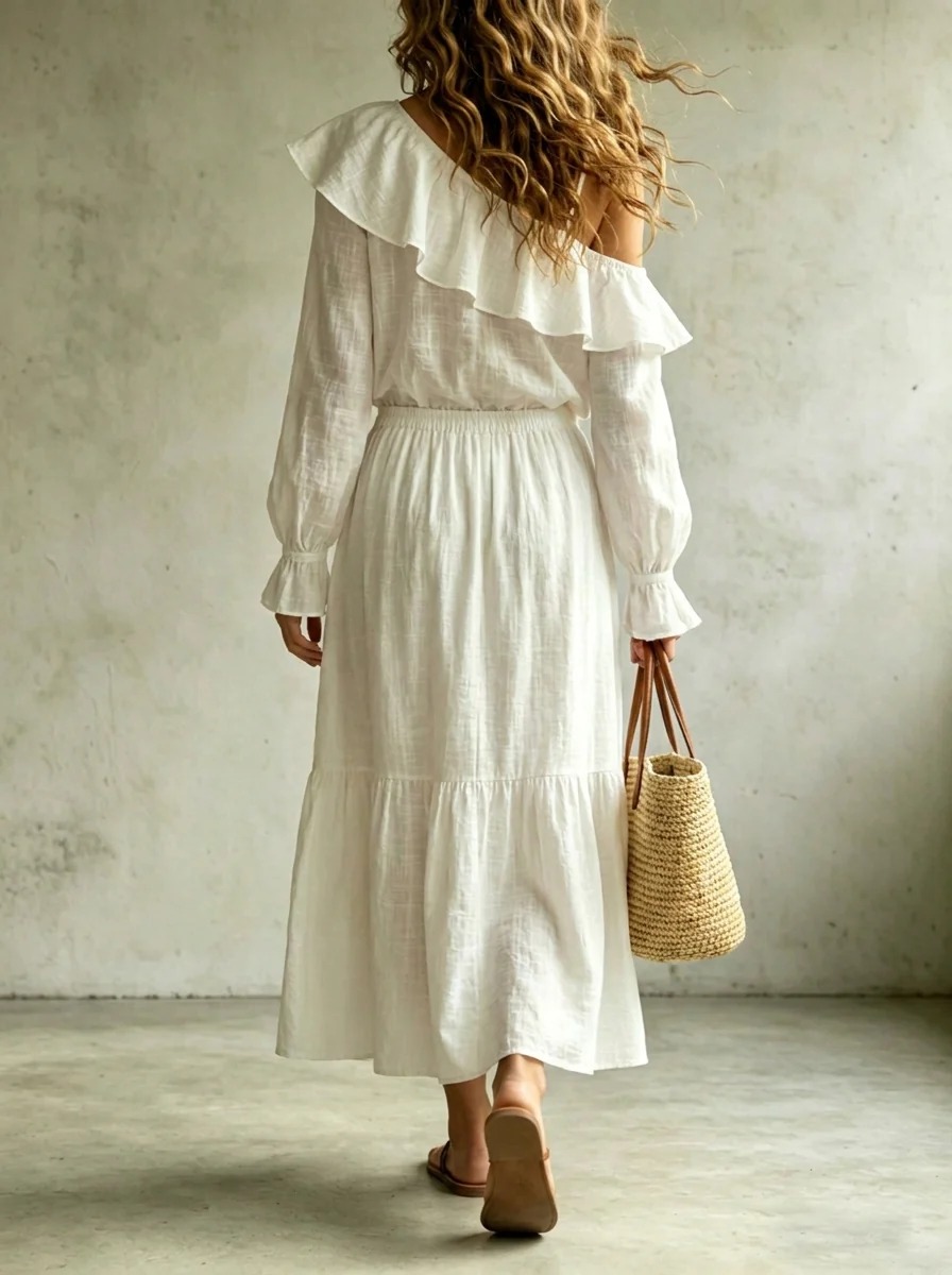 Women‘s Solid-color Long-sleeve Ruffled Collar With Off-shoulder Dress