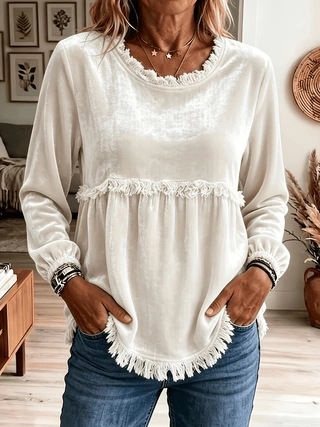 Women's Velvet Fringe Trim Blouse, Vintage  Long Sleeve Top