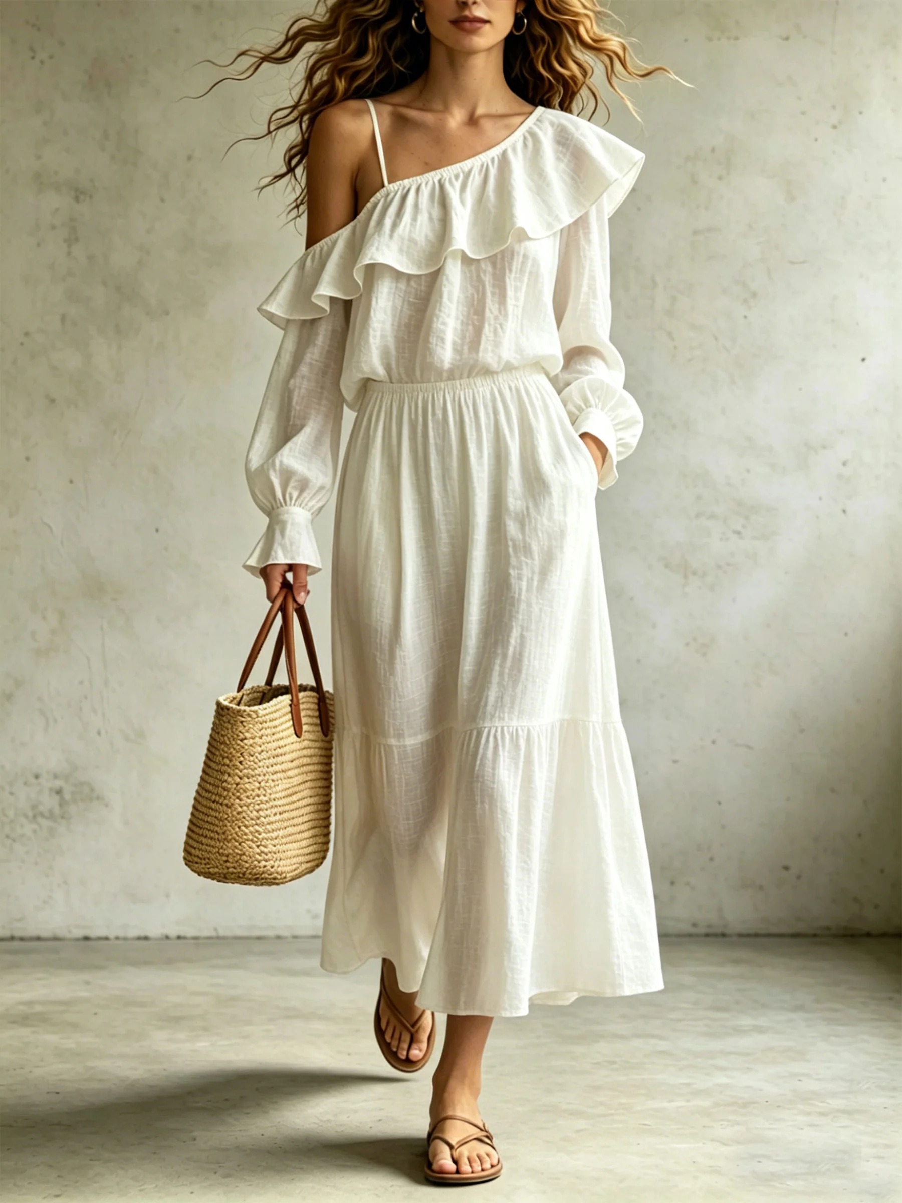 Women‘s Solid-color Long-sleeve Ruffled Collar With Off-shoulder Dress