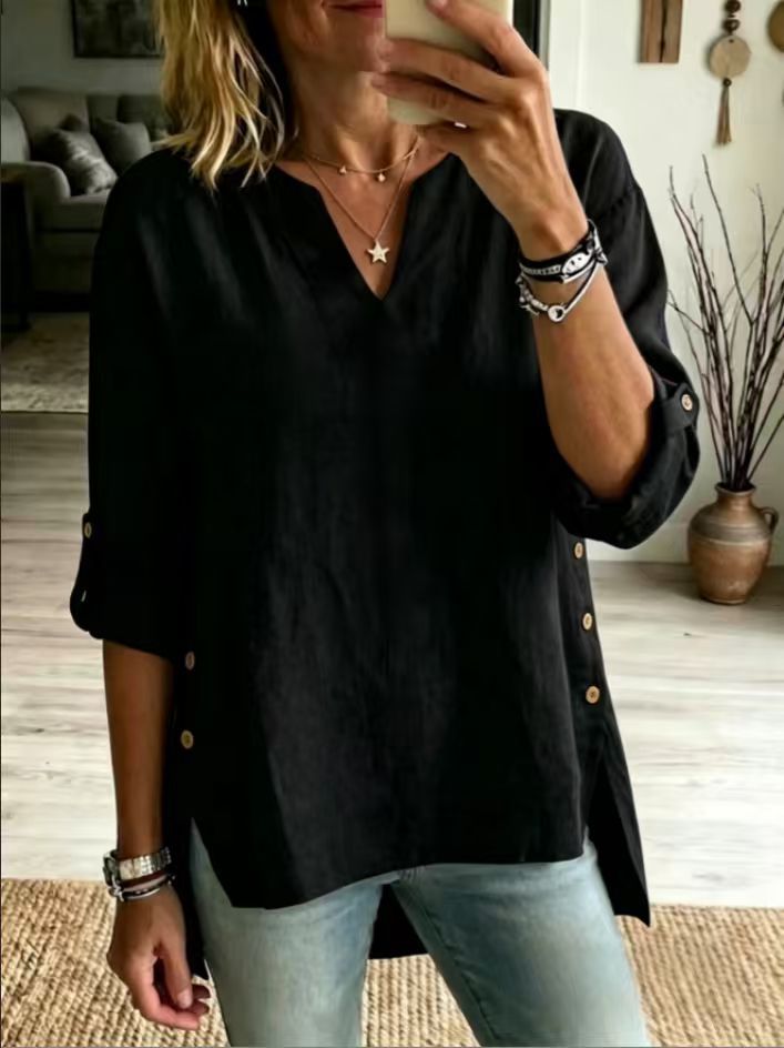 Women’s Linen Cotton V-Neck Top, Side Button Rolled Sleeve Loose Casual Blouse