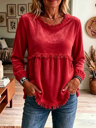 Women's Velvet Fringe Trim Blouse, Vintage  Long Sleeve Top