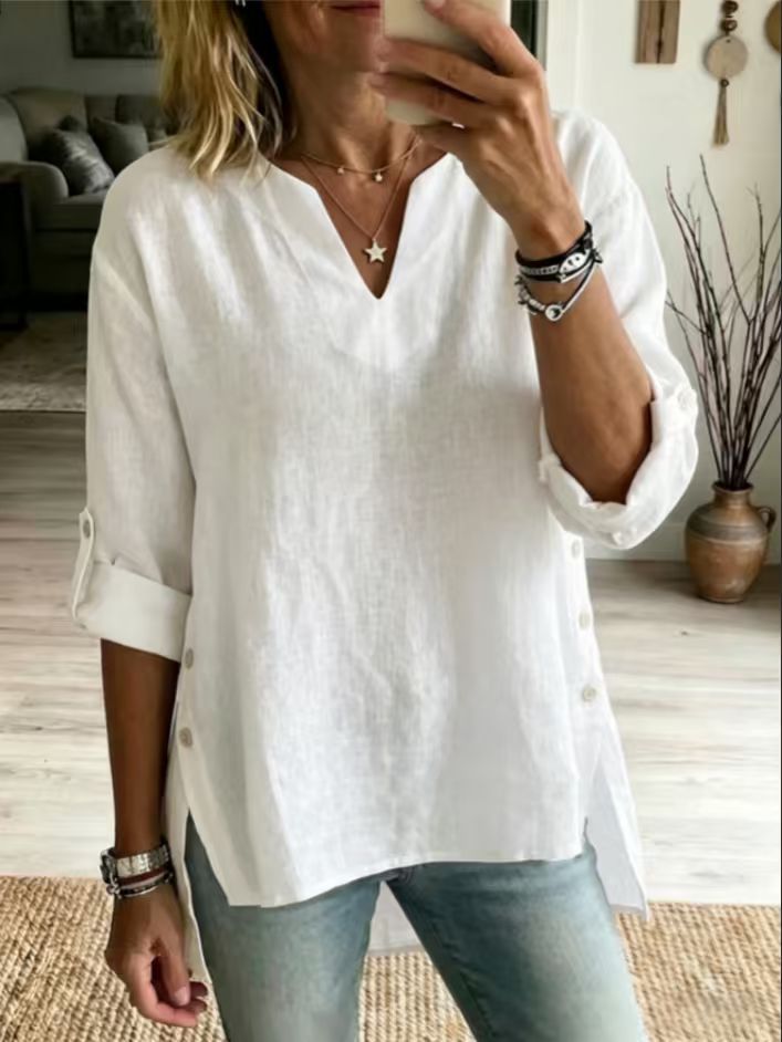 Women’s Linen Cotton V-Neck Top, Side Button Rolled Sleeve Loose Casual Blouse
