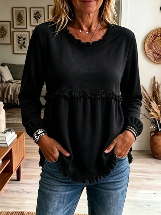 Women's Velvet Fringe Trim Blouse, Vintage  Long Sleeve Top