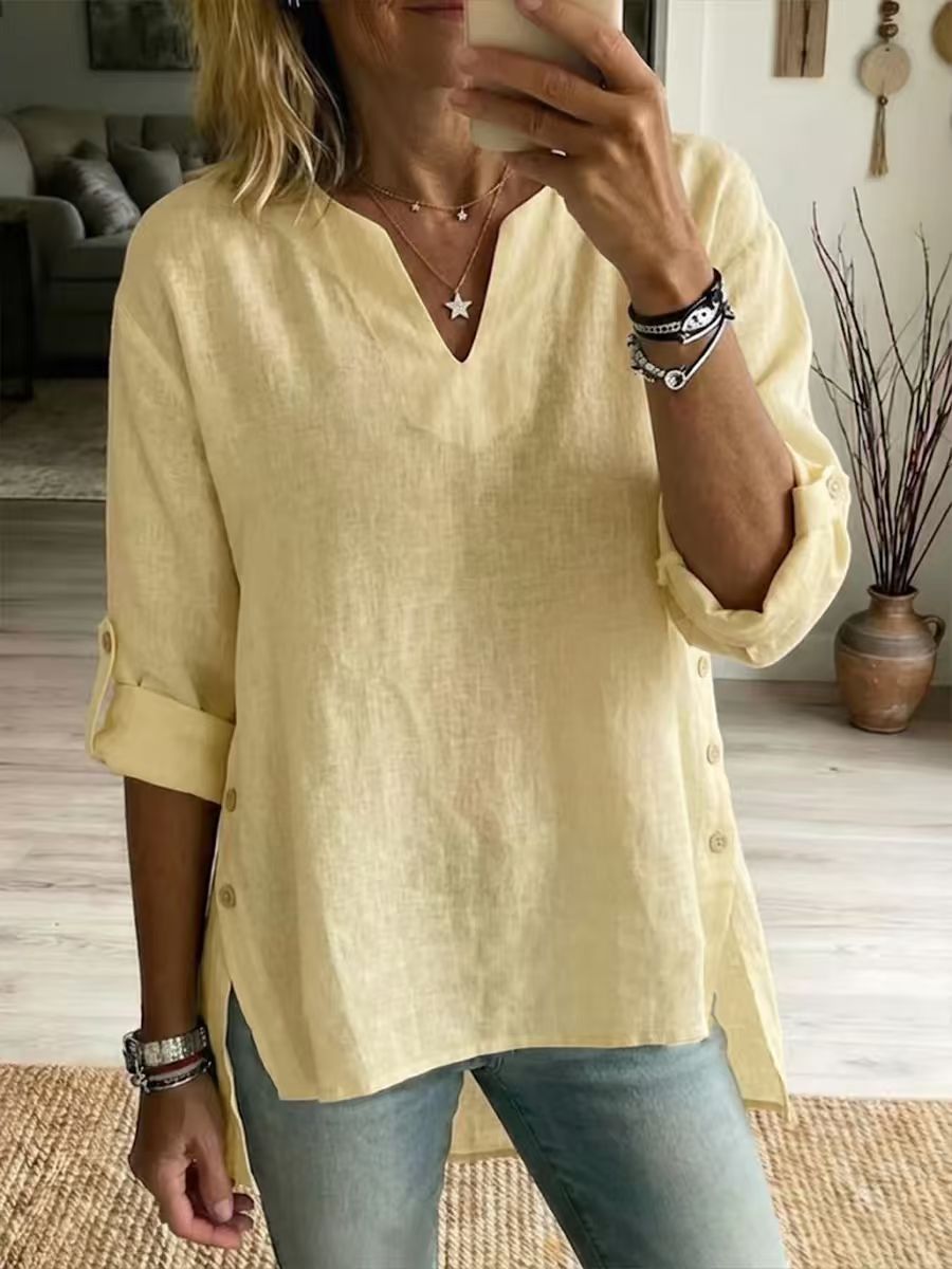 Women’s Linen Cotton V-Neck Top, Side Button Rolled Sleeve Loose Casual Blouse