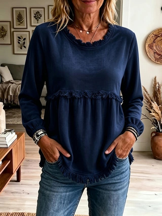 Women's Velvet Fringe Trim Blouse, Vintage  Long Sleeve Top