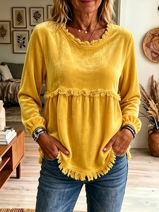 Women's Velvet Fringe Trim Blouse, Vintage  Long Sleeve Top
