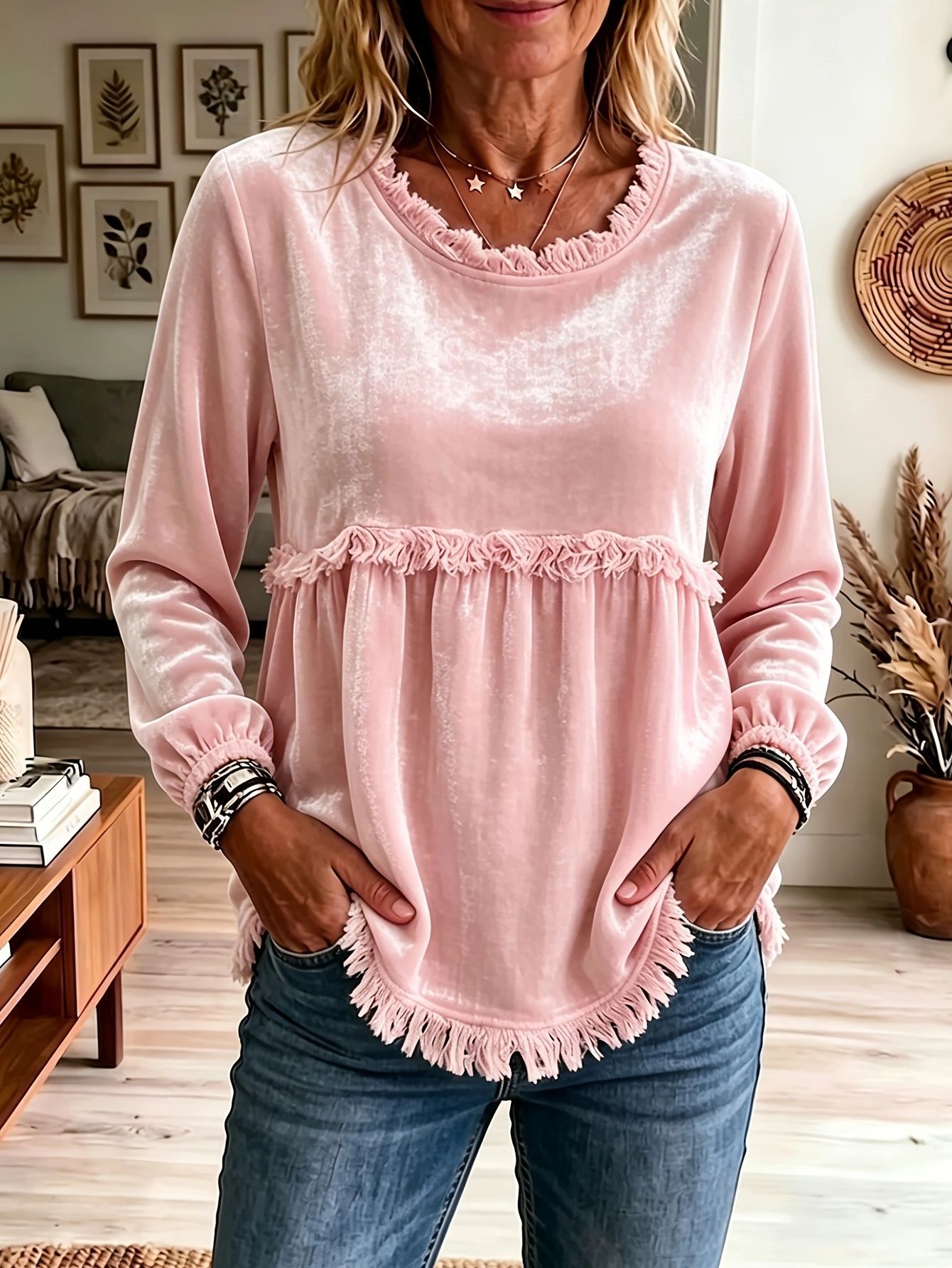Women's Velvet Fringe Trim Blouse, Vintage  Long Sleeve Top