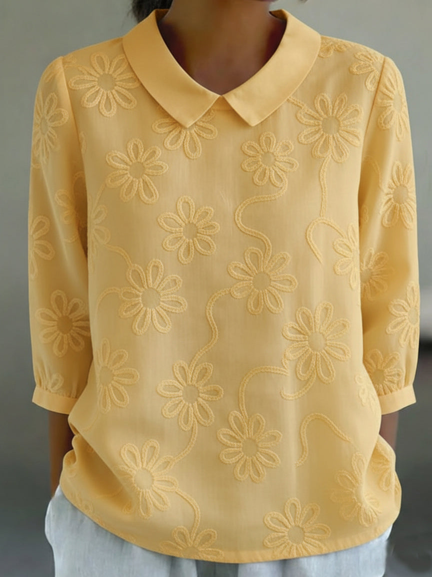 Romantic Floral Embroidered Peter Pan Collar Shirt Blouse
