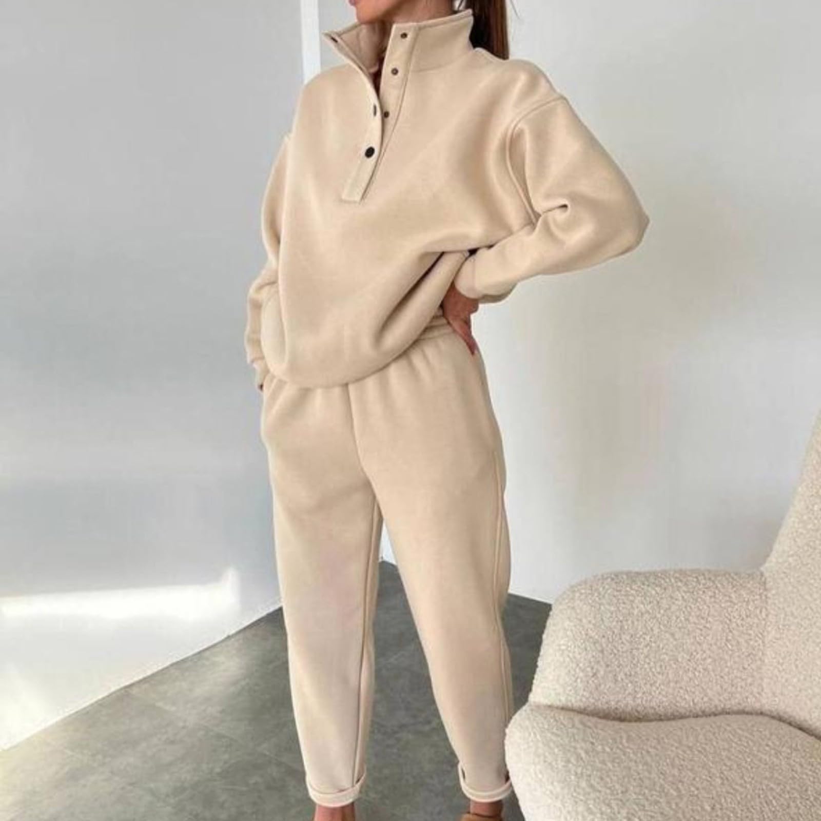 Women’s High Neck Quarter Zip Lounge Set Relaxed Sweatshirt & Jogger Pants 2 Piece Outfit