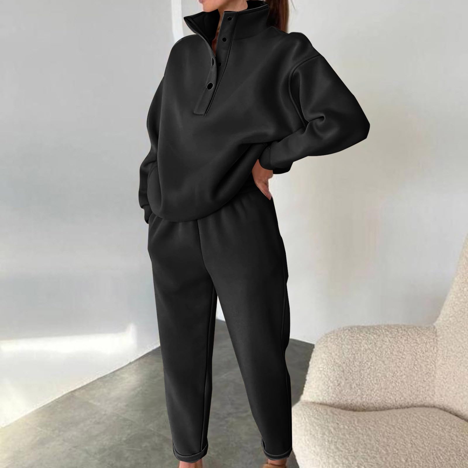Women’s High Neck Quarter Zip Lounge Set Relaxed Sweatshirt & Jogger Pants 2 Piece Outfit