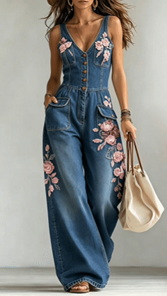 Women's Washed Denim Loose-Fit Sleeveless Jumpsuit with Straps  2483