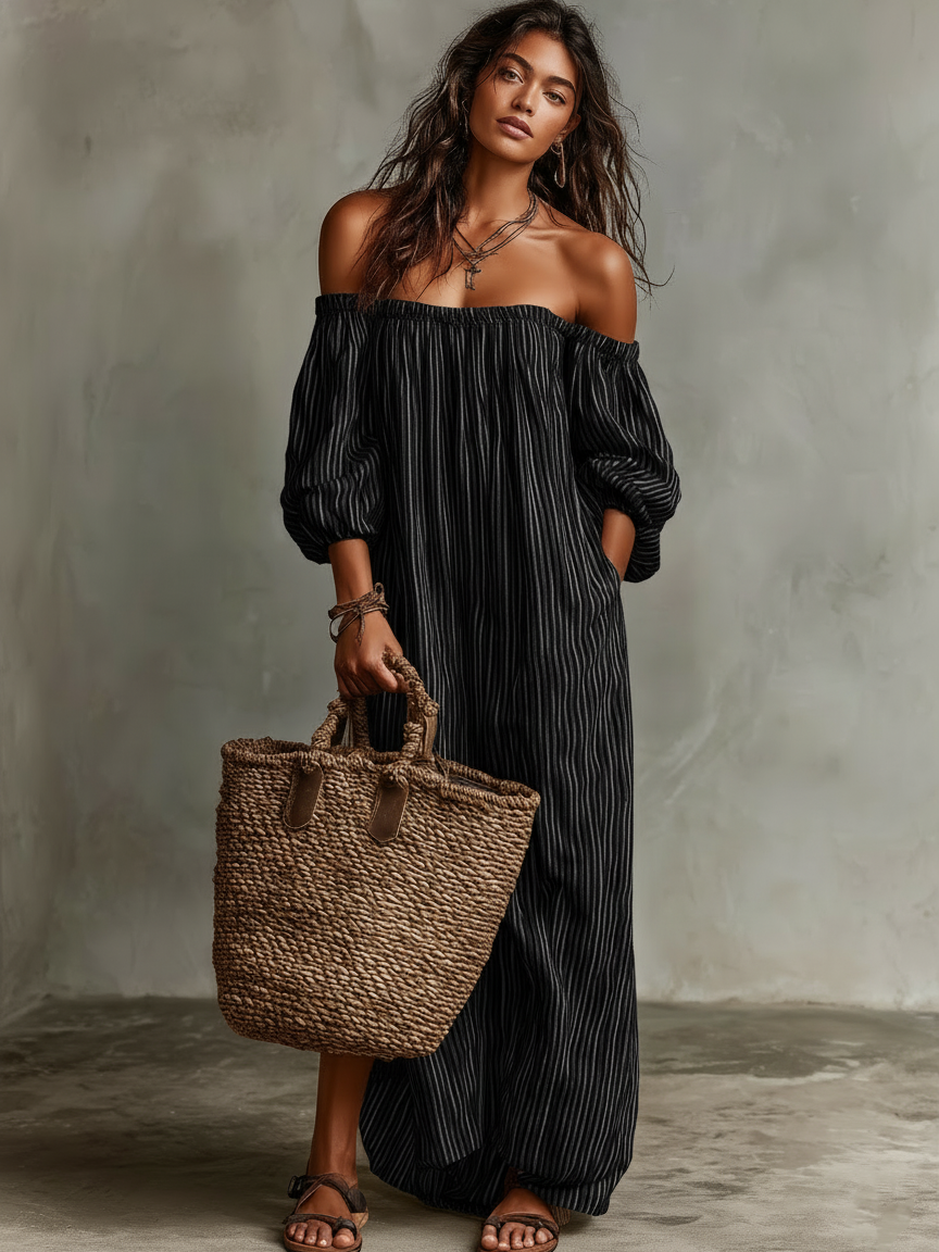 Women's Vacation Cotton-linen Blend Off-shoulder Long-sleeved Maxi Dress