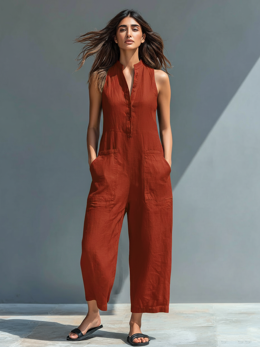 Women's Minimalist Linen Blend Button-up Stand-collar Sleeveless Loose Jumpsuit