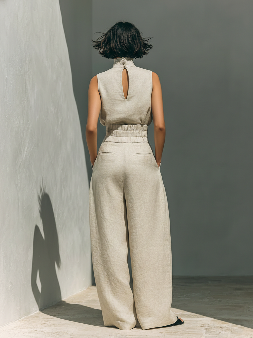 Women's Minimalist Cotton And Linen Blend Sleeveless Blouse And Wide-leg Pants Set