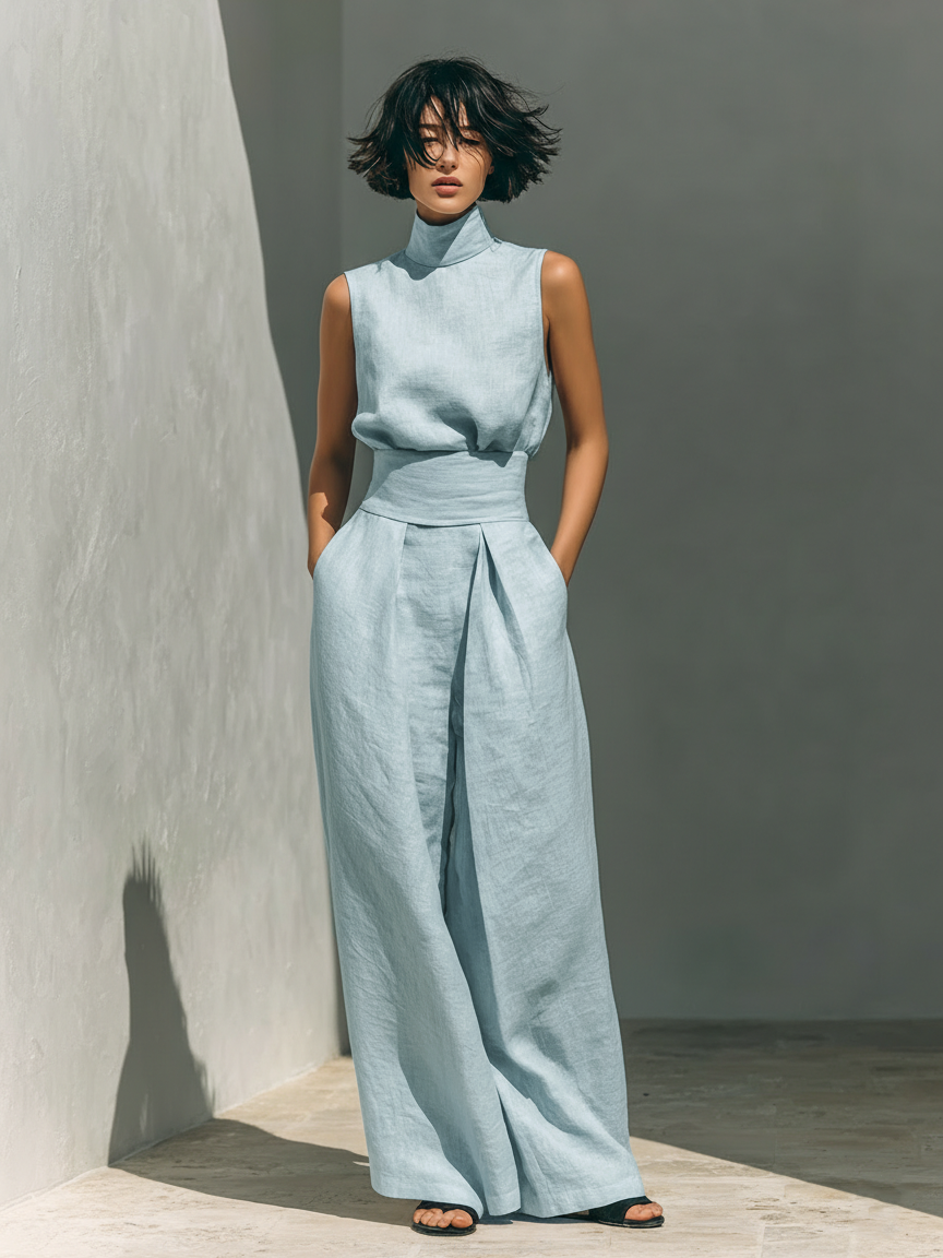 Women's Minimalist Cotton And Linen Blend Sleeveless Blouse And Wide-leg Pants Set