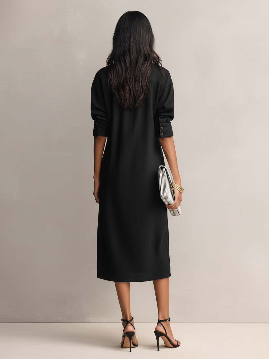 Women's Elegant Black Cotton-linen Blend Shirt Collar Short-sleeved Midi Dress