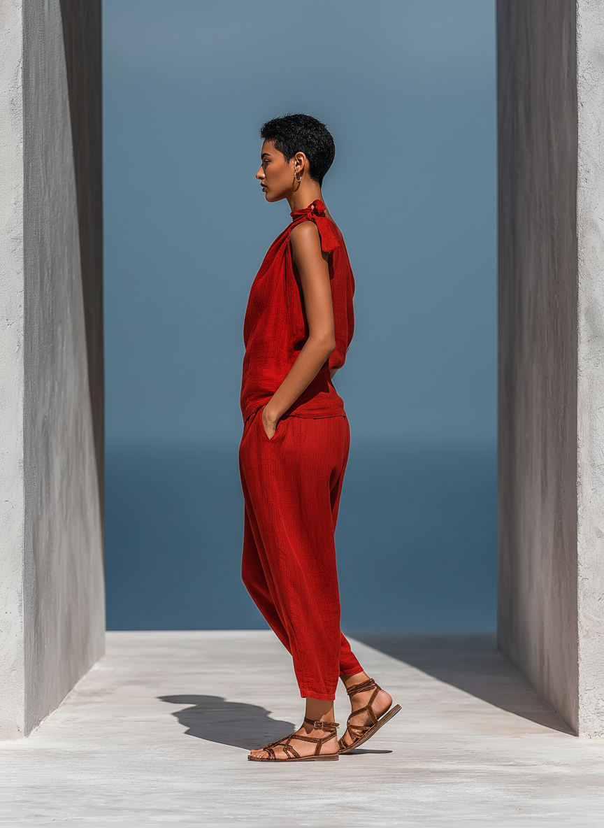 Women’s Red Linen-Blend Two-Piece Set: Asymmetrical One-Shoulder Top (Without Neck Scarf) & Wide-Leg Pants With Pockets