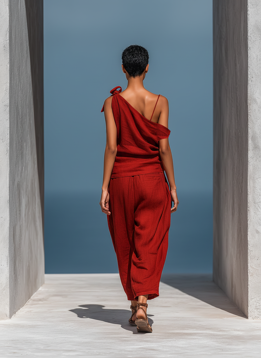 Women’s Red Linen-Blend Two-Piece Set: Asymmetrical One-Shoulder Top (Without Neck Scarf) & Wide-Leg Pants With Pockets