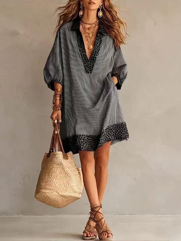 Leopard Contrast Striped Collared Puff Sleeve Mini Dress