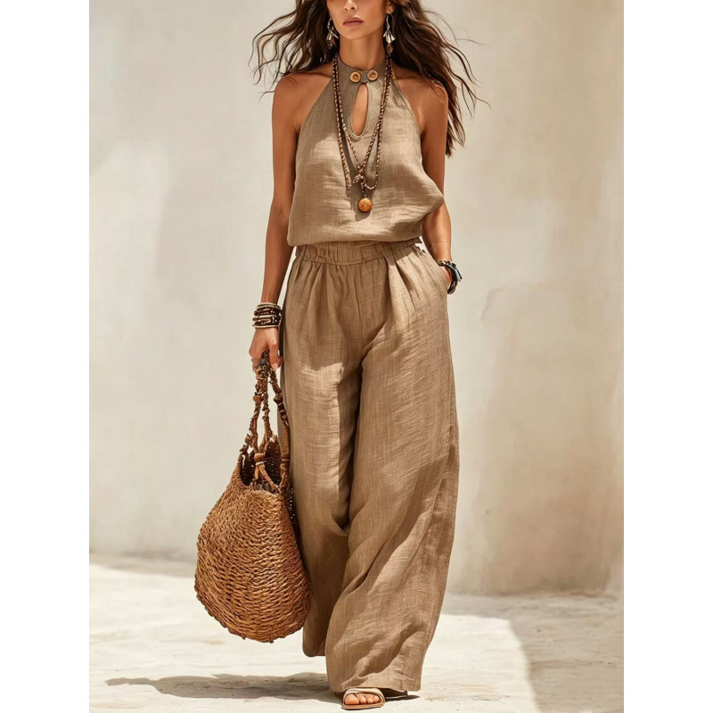 Khaki Keyhole Halter Linen Wide-Leg Two-Piece Set