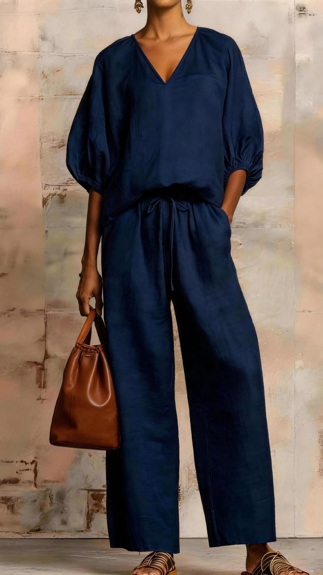 Women's Minimalist Solid-Color Loose-Fit V-Neck Casual Two-Piece Set