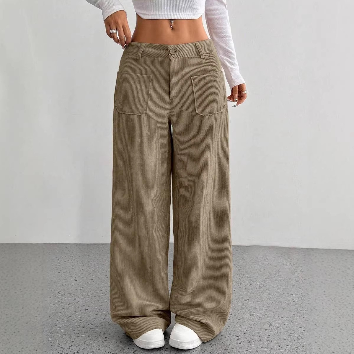 Women's Wide Leg Chinos Vintage Fashion Streetwear Full Length Medium Waist Plain Pocket Comfort Inelastic Casual Daily Streetwear