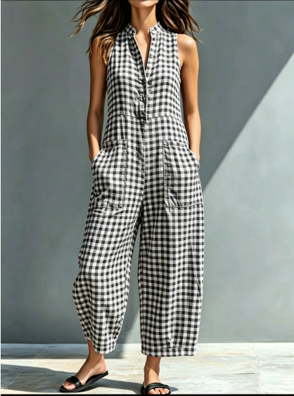 Women's Simple Linen Blend Button-Down Collar Plaid Sleeveless Loose Jumpsuit